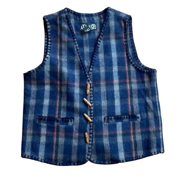 90s Y2K Vintage Wool Plaid Whipstitch Vest At Last Co Medium Blue - Picture 1 of 5